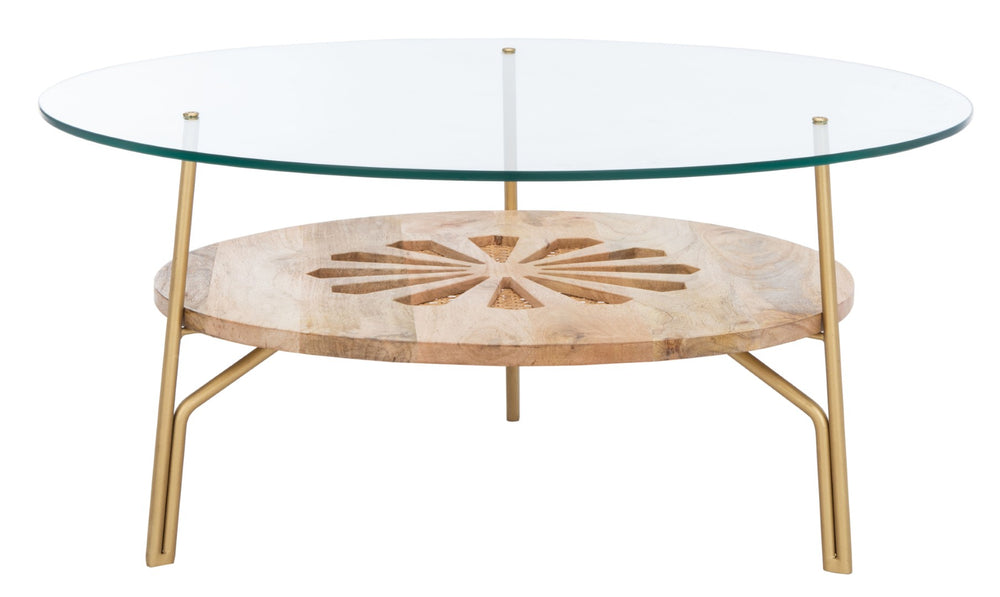 Safavieh Flora Round Coffee Table - Artisanal Mango Wood & Glass Design With Brass Accents For Modern Elegance COF9005A