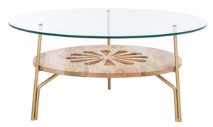 Safavieh Flora Round Coffee Table - Artisanal Mango Wood & Glass Design With Brass Accents For Modern Elegance COF9005A