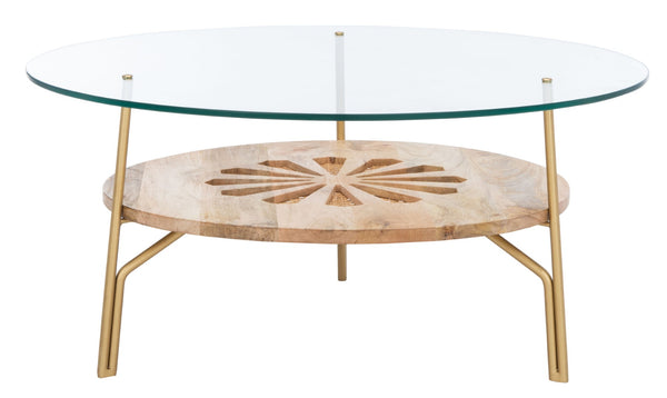 Safavieh Flora Round Coffee Table - Artisanal Mango Wood & Glass Design With Brass Accents For Modern Elegance COF9005A
