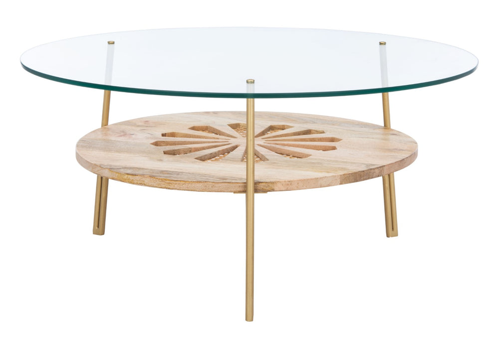 Safavieh Flora Round Coffee Table - Artisanal Mango Wood & Glass Design With Brass Accents For Modern Elegance COF9005A