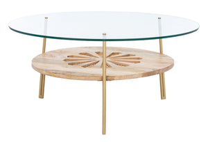 Safavieh Flora Round Coffee Table - Artisanal Mango Wood & Glass Design With Brass Accents For Modern Elegance COF9005A