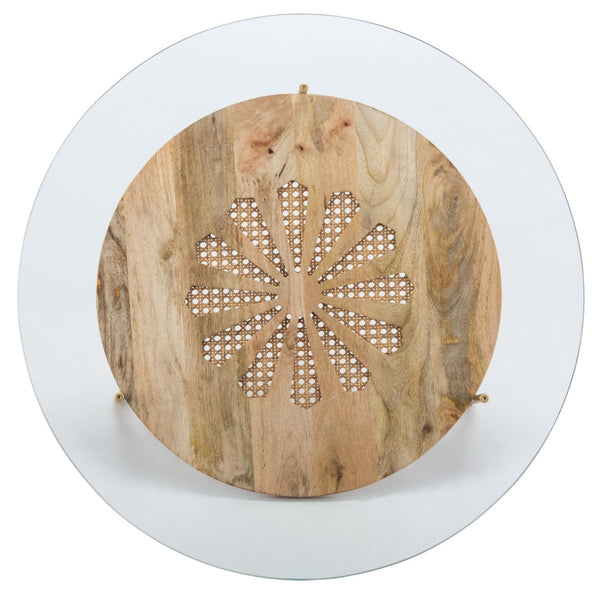 Safavieh Flora Round Coffee Table - Artisanal Mango Wood & Glass Design With Brass Accents For Modern Elegance COF9005A
