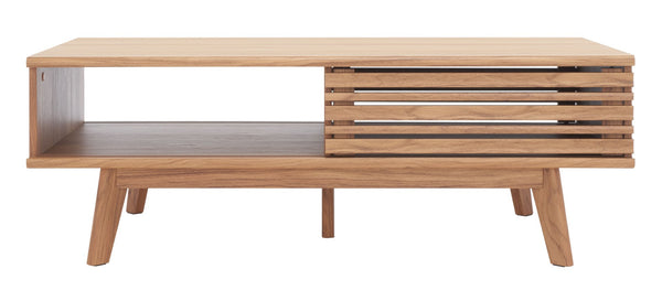 Safavieh Rori Retro-Chic Coffee Table With Sliding Doors And Stylish Storage For Modern Living Spaces Oak COF9600D