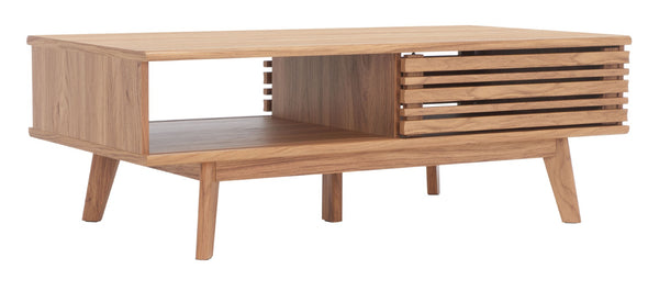 Safavieh Rori Retro-Chic Coffee Table With Sliding Doors And Stylish Storage For Modern Living Spaces Oak COF9600D
