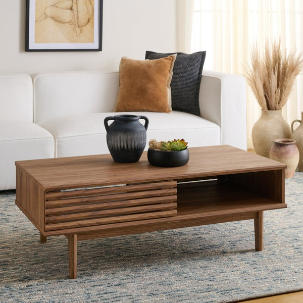 Safavieh Aricia Modern Coffee Table With Slatted Front, Dual Storage, And Elegant Design For Living Spaces Oak COF9605D