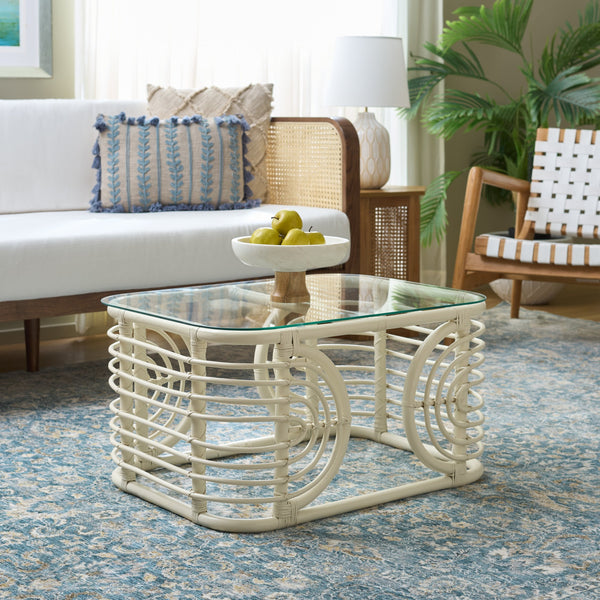 Lidiya Rattan Coffee Table With Kubu Weave And Tempered Top — Coastal Boho Accent, Durable Craftsmanship