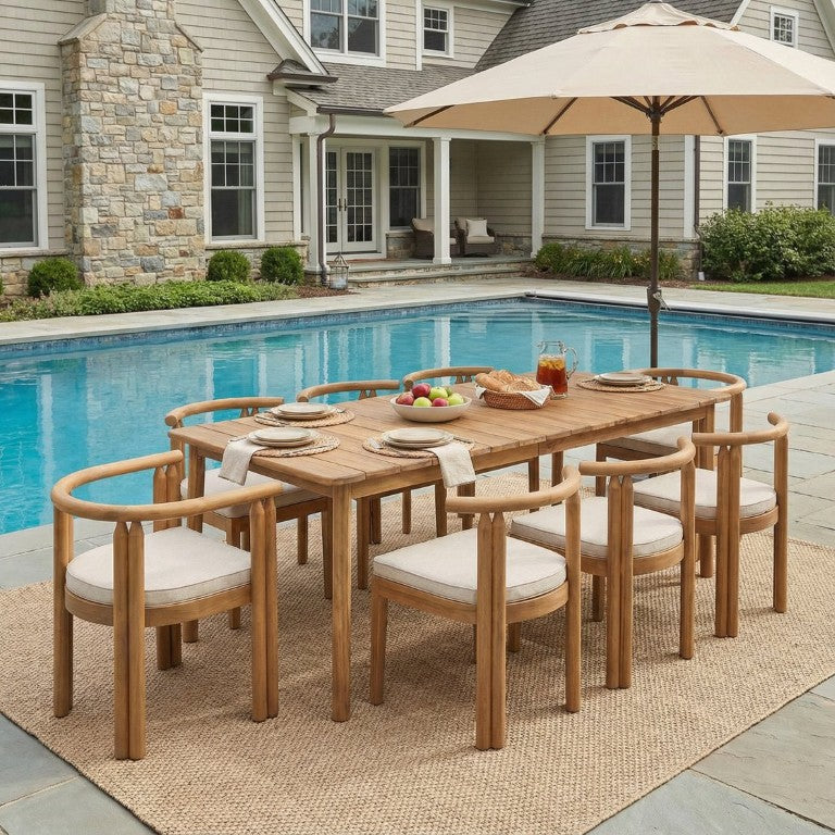 English Elm Cove Outdoor Solid Acacia Wood Nine Piece Dining Set with Cushioned Round Back Chairs COVE9PCSET