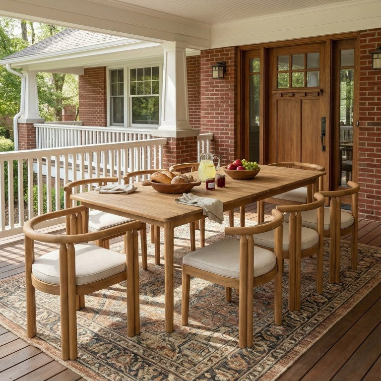 English Elm Cove Outdoor Solid Acacia Wood Nine Piece Dining Set with Cushioned Round Back Chairs COVE9PCSET