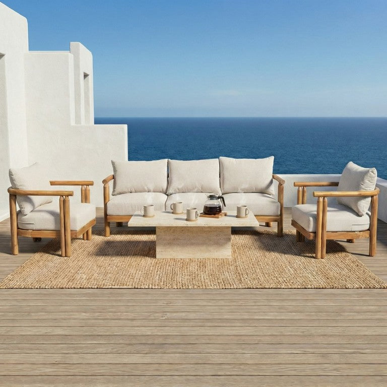 English Elm Cove Outdoor Solid Acacia Wood 3 Piece Chat Set with Plush Beige Cushions Teak COVECHATSET