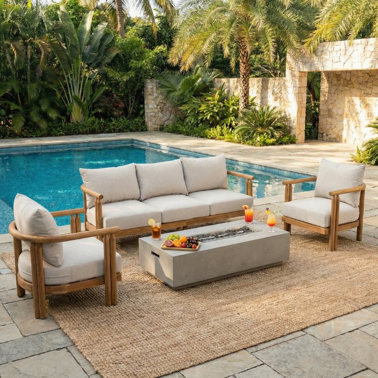 English Elm Cove Outdoor Solid Acacia Wood 3 Piece Chat Set with Plush Beige Cushions Teak COVECHATSET