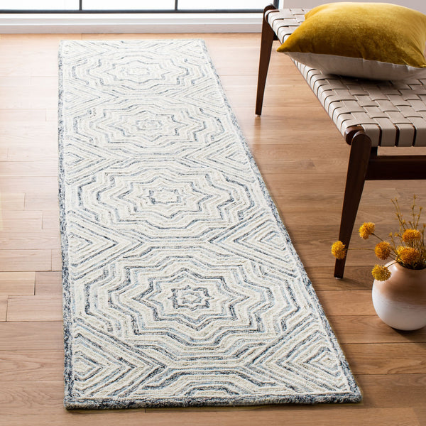 Safavieh Capri Hand-Tufted Wool Runner In Beige & Blue Diamond Pattern — Durable Low-Profile 1/4" Pile For Hallways 2'-3" x 7'-0" CPR215B-27