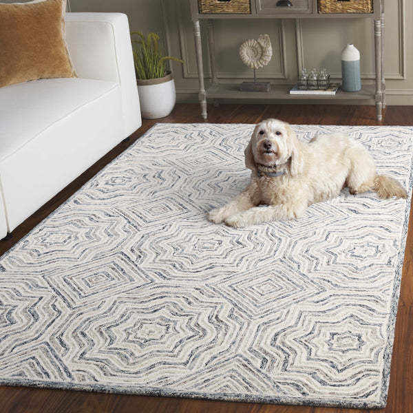 Safavieh Capri Hand-Tufted Round Wool Rug In Beige And Blue With Geometric Lattice Texture, Low Pile Comfort 5'-0" x 5'-0" CPR215B-5R