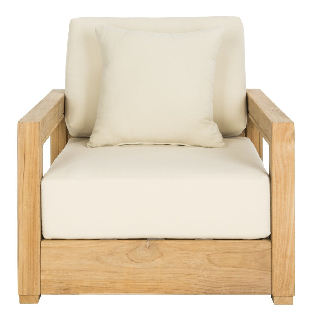 Safavieh MONTFORD Brazilian Teak Armchair - Sleek Modern Outdoor Seating for Stylish Comfort and Durability Natural Teak / Beige CPT1000A
