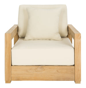 Safavieh MONTFORD Brazilian Teak Armchair - Sleek Modern Outdoor Seating for Stylish Comfort and Durability Natural Teak / Beige CPT1000A