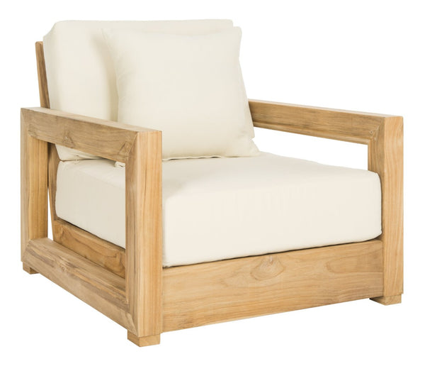 Safavieh MONTFORD Brazilian Teak Armchair - Sleek Modern Outdoor Seating for Stylish Comfort and Durability Natural Teak / Beige CPT1000A
