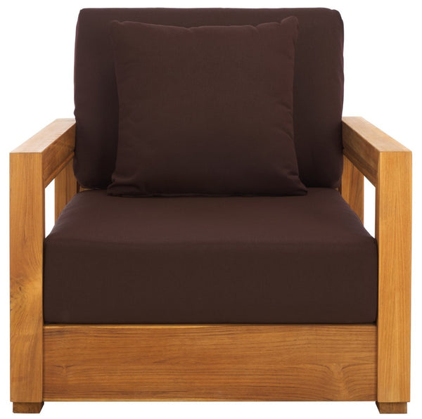 Safavieh MONTFORD Brazilian Teak Armchair - Sleek Modern Outdoor Seating for Stylish Comfort and Durability Natural / Dark Brown CPT1000D