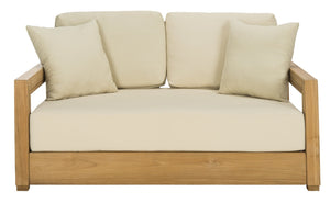 Safavieh MONTFORD Brazilian Teak 2-Seat Bench - Chic Outdoor Seating with Plush Upholstery for Relaxed Style Natural Teak / Beige CPT1003A