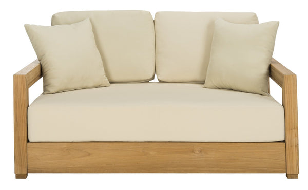 Safavieh MONTFORD Brazilian Teak 2-Seat Bench - Chic Outdoor Seating with Plush Upholstery for Relaxed Style Natural Teak / Beige CPT1003A