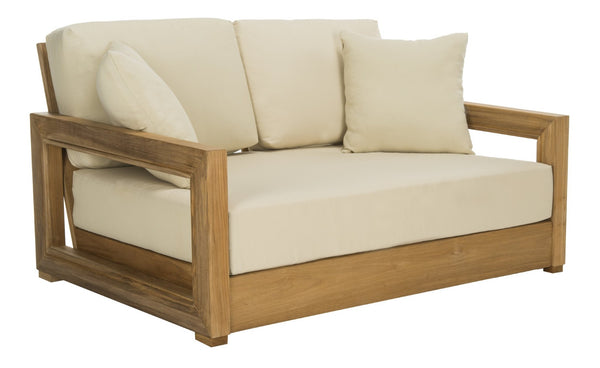 Safavieh MONTFORD Brazilian Teak 2-Seat Bench - Chic Outdoor Seating with Plush Upholstery for Relaxed Style Natural Teak / Beige CPT1003A