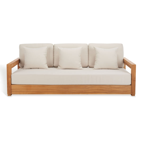 Safavieh MONTFORD Brazilian Teak 3-Seat Bench – Stylish Outdoor Seating for Patios and Gardens, Weather-Resistant Natural Teak / Beige CPT1004A