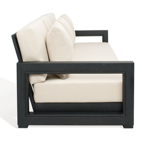 Safavieh MONTFORD 3-Seat Sofa - Modern Black Metal Frame with Plush Beige Upholstery for Stylish Comfort CPT1004B