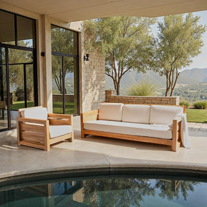 Safavieh MOLOKAI Brazilian Teak Patio Sofa - Natural Wood Frame with White Cushions for Outdoor Elegance CPT1044A