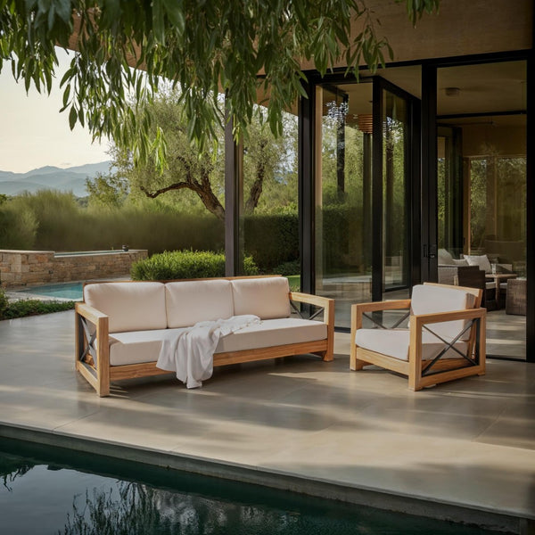 Safavieh ANDROS Brazilian Teak Patio Sofa - Plush Beige Cushions & Modern Accents for Outdoor Elegance CPT1010A