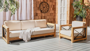 Safavieh ANDROS Brazilian Teak Patio Sofa - Plush Beige Cushions & Modern Accents for Outdoor Elegance CPT1010A