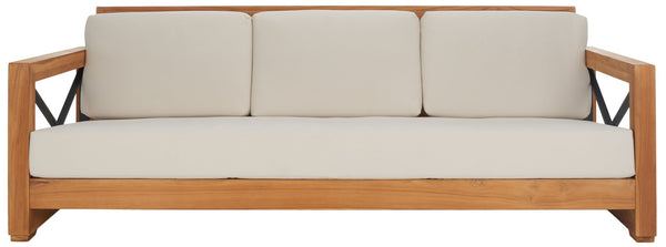 Safavieh ANDROS Brazilian Teak Patio Sofa - Plush Beige Cushions & Modern Accents for Outdoor Elegance CPT1010A