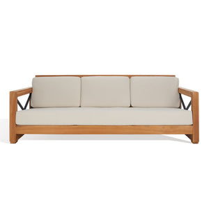 Safavieh ANDROS Brazilian Teak Patio Sofa - Plush Beige Cushions & Modern Accents for Outdoor Elegance CPT1010A