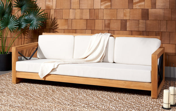 Safavieh ANDROS Brazilian Teak Patio Sofa - Plush Beige Cushions & Modern Accents for Outdoor Elegance CPT1010A