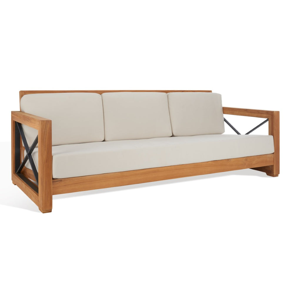 Safavieh ANDROS Brazilian Teak Patio Sofa - Plush Beige Cushions & Modern Accents for Outdoor Elegance CPT1010A
