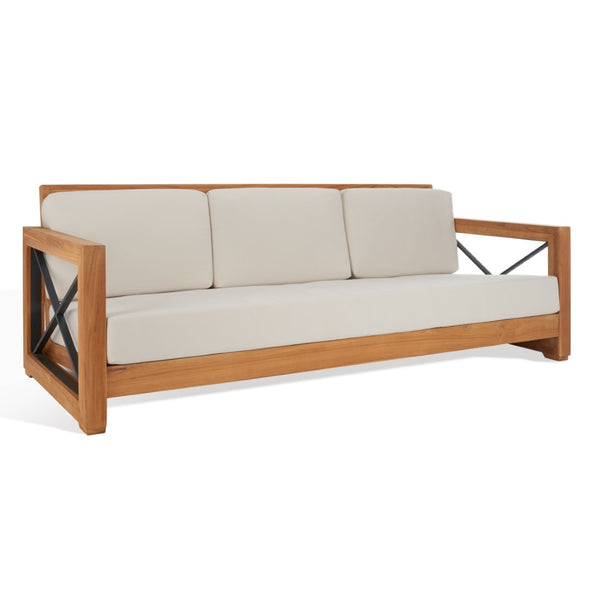 Safavieh ANDROS Brazilian Teak Patio Sofa - Plush Beige Cushions & Modern Accents for Outdoor Elegance CPT1010A