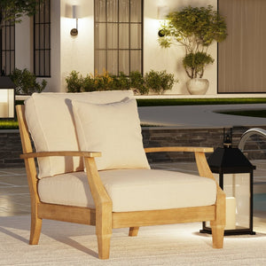 Safavieh MARTINIQUE Teakwood Patio Armchair - Elegant Coastal Design with Durable Upholstery for Outdoors Natural / Beige CPT1011A