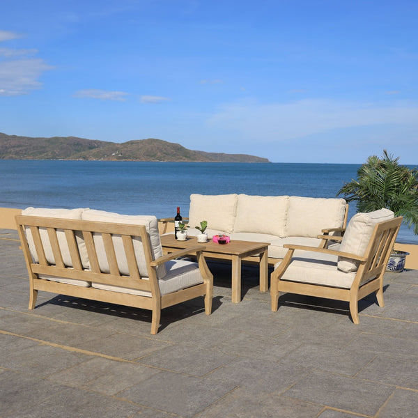 Safavieh MARTINIQUE Teakwood Patio Armchair - Elegant Coastal Design with Durable Upholstery for Outdoors Natural / Beige CPT1011A