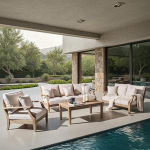 Safavieh MARTINIQUE Teakwood Patio Armchair - Elegant Coastal Design with Durable Upholstery for Outdoors Natural / Beige CPT1011A