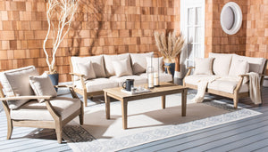 Safavieh MARTINIQUE Teakwood Patio Armchair - Elegant Coastal Design with Durable Upholstery for Outdoors Natural / Beige CPT1011A