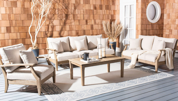 Safavieh MARTINIQUE Teakwood Patio Armchair - Elegant Coastal Design with Durable Upholstery for Outdoors Natural / Beige CPT1011A