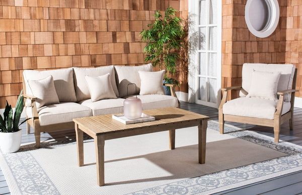 Safavieh MARTINIQUE Teakwood Patio Armchair - Elegant Coastal Design with Durable Upholstery for Outdoors Natural / Beige CPT1011A