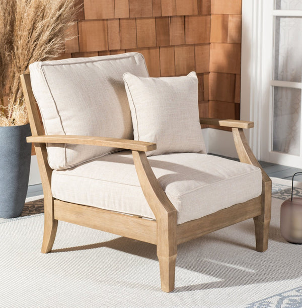 Safavieh MARTINIQUE Teakwood Patio Armchair - Elegant Coastal Design with Durable Upholstery for Outdoors Natural / Beige CPT1011A