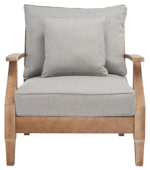 Safavieh MARTINIQUE Teakwood Patio Armchair - Elegant Coastal Design with Durable Upholstery for Outdoors Natural / Grey CPT1011B