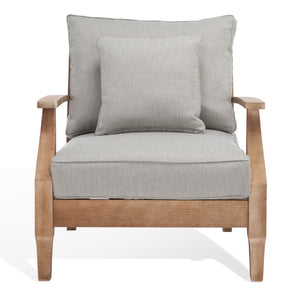 Safavieh MARTINIQUE Teakwood Patio Armchair - Elegant Coastal Design with Durable Upholstery for Outdoors Natural / Grey CPT1011B