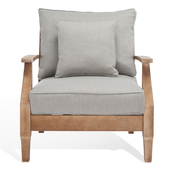 Safavieh MARTINIQUE Teakwood Patio Armchair - Elegant Coastal Design with Durable Upholstery for Outdoors Natural / Grey CPT1011B