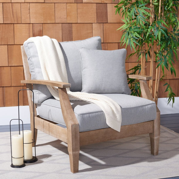 Safavieh MARTINIQUE Teakwood Patio Armchair - Elegant Coastal Design with Durable Upholstery for Outdoors Natural / Grey CPT1011B
