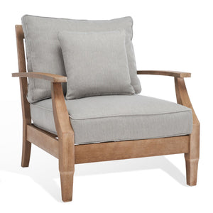 Safavieh MARTINIQUE Teakwood Patio Armchair - Elegant Coastal Design with Durable Upholstery for Outdoors Natural / Grey CPT1011B