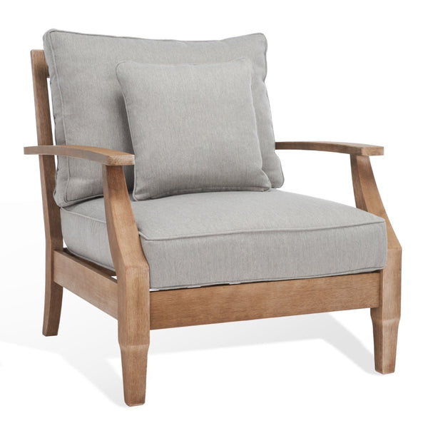 Safavieh MARTINIQUE Teakwood Patio Armchair - Elegant Coastal Design with Durable Upholstery for Outdoors Natural / Grey CPT1011B