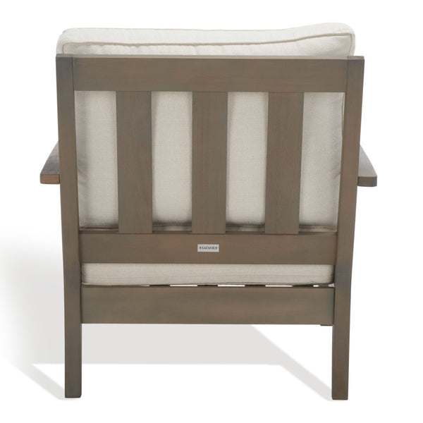 Safavieh MARTINIQUE Teakwood Patio Armchair - Elegant Coastal Design with Durable Upholstery for Outdoors Light Grey / Beige CPT1011C