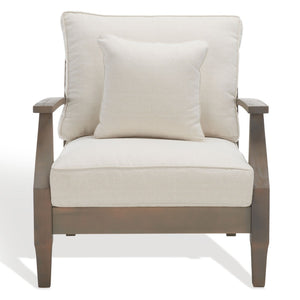 Safavieh MARTINIQUE Teakwood Patio Armchair - Elegant Coastal Design with Durable Upholstery for Outdoors Light Grey / Beige CPT1011C