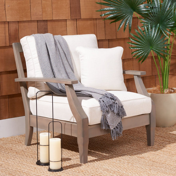 Safavieh MARTINIQUE Teakwood Patio Armchair - Elegant Coastal Design with Durable Upholstery for Outdoors Light Grey / Beige CPT1011C