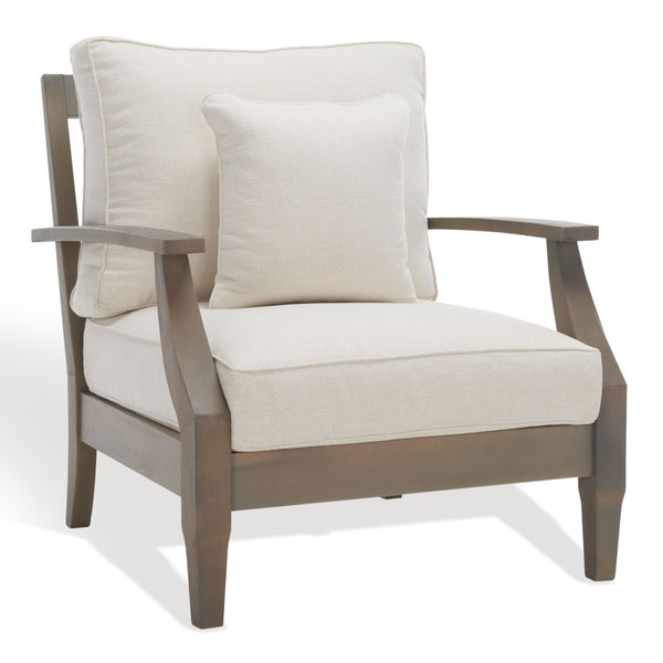 Safavieh MARTINIQUE Teakwood Patio Armchair - Elegant Coastal Design with Durable Upholstery for Outdoors Light Grey / Beige CPT1011C